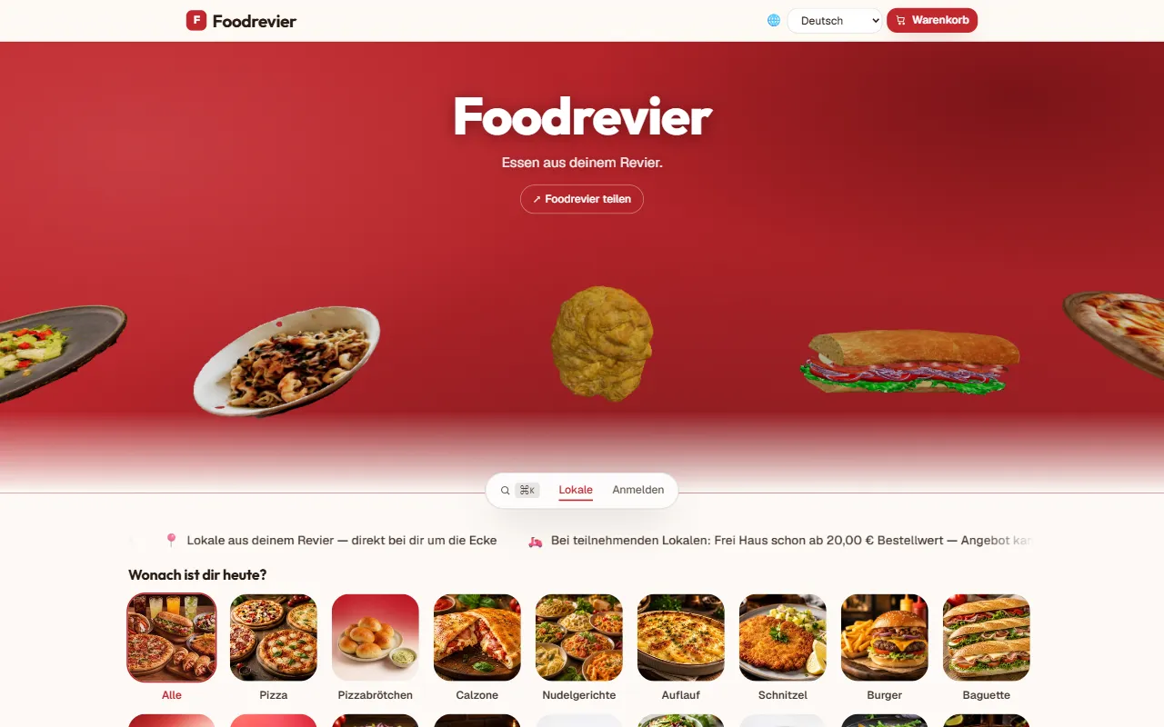 Startseite von foodrevier.de mit Speise-Kategorien und Suche